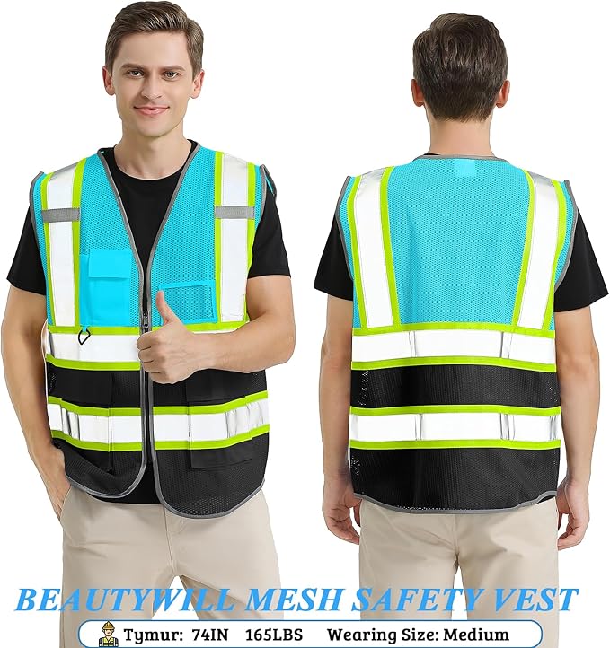 BeautyWill Custom Safety Vest Customized Logo Mesh Vest Class2 High Visibility Reflective Vest with Pockets Workwear（LightBlue Black，S ）