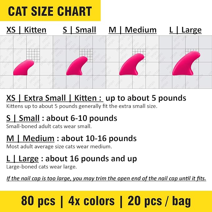 zetpo 80 pcs Cat Claw Covers | Cat Nail Caps | with Adhesives and Applicators (M, Black, White, Silver Glitter, 24k Gold Glitter)