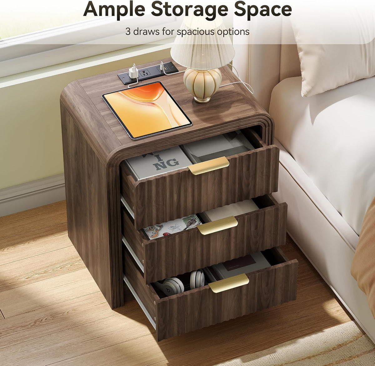 Decofy Fluted 3-Drawer Nightstand Set of 2 with Charging Station, Walnut