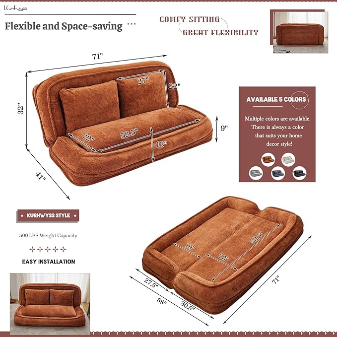 Extra Large Human Dog Bed for Adult & Pets, Convertible Floor Sofa Bed with 5 Adjustable Position, Lazy Couch Giant Bean Bag Lounge Chair Comfy Tatami with 3 Pillows for Bedroom Living Room (Orange)