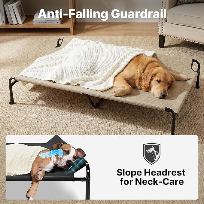 Veehoo Outdoor Dog Bed, 53" XXL Raised Dog Bed, Elevated Dog Bed with Headrest Sides, Washable Cooling Dog Cot with Non-Skid Feet, Breathable Mesh, Portable Pet Hammock for Indoor or Camping, Beige