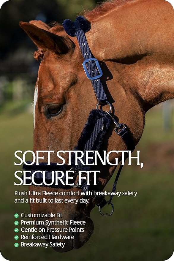 Equinavia Valkyrie Ultra Fleece Breakaway Horse Halter | Padded Fleece Adjustable Safety Halter with Nylon Webbing - Navy/Navy - Cob