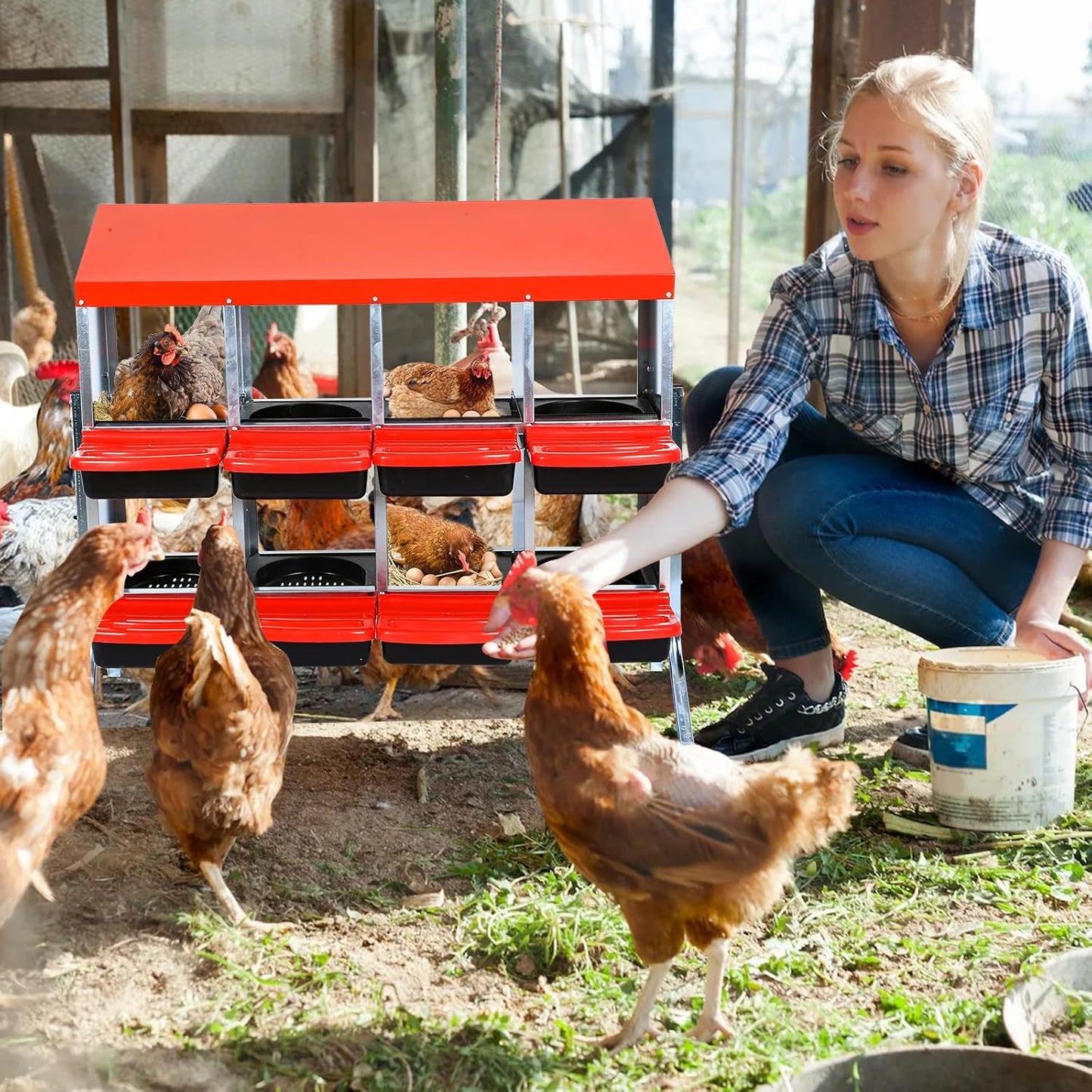 Nesting Boxes for Chickens, Chickens Laying Boxes for Chicken Coop with Legs, 8 Compartments Chicken Nesting Boxes, with Removable Tray, Easy Cleaning, for Hens Outdoor Chicken Coop Farm Yard, Red