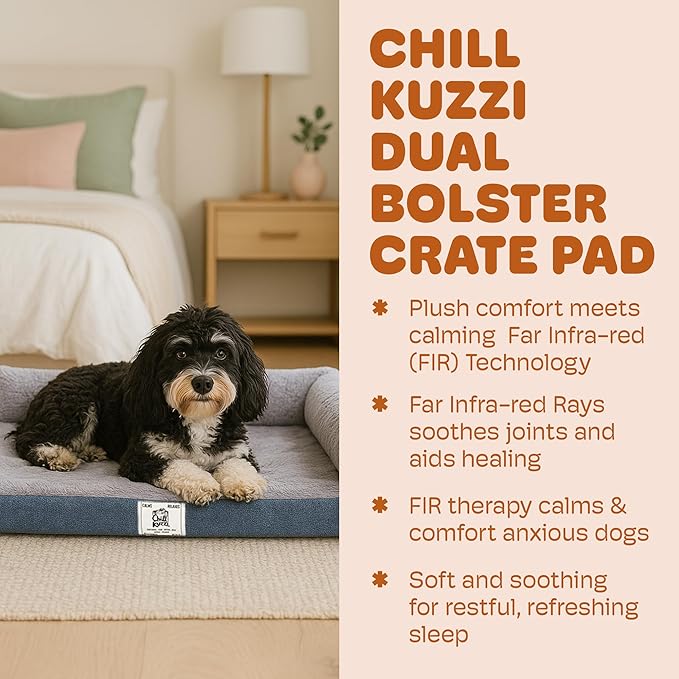 Dog Gone Smart Chill Kuzzi Dual Bolster Crate Pad - Washable Dog Bed Infused with Far Infrared Rays (FIR) - Supportive Plush Cushion for Crates, Travel, and Recovery - Slate Blue, Large 22 x 35 Inches