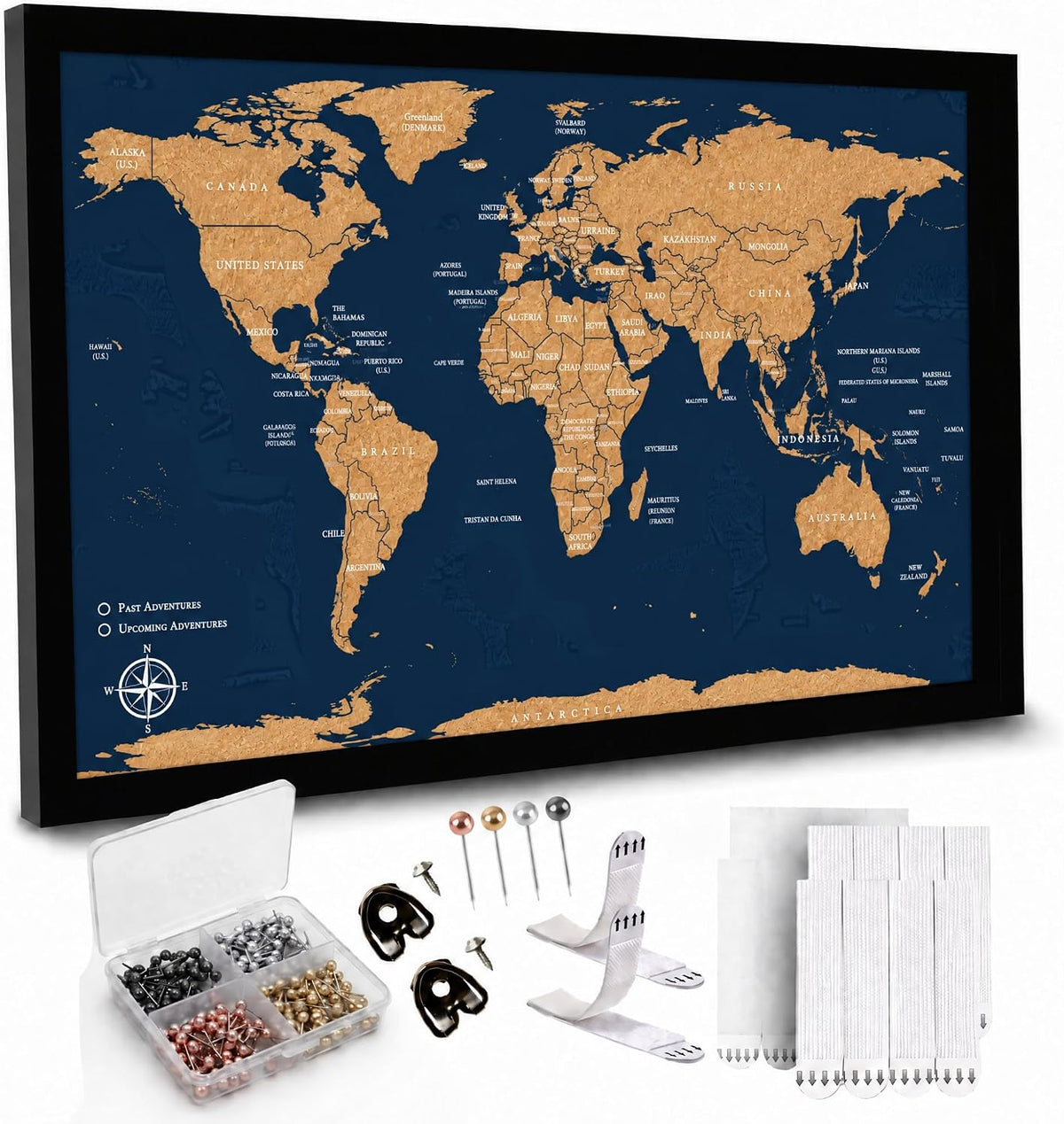 Large Push Pin World Travel Map – 30" x 20" Framed Cork Board Wall Art, Modern World Map with 200 Unique Pins for Tracking Adventures, A Premium Gift for Travelers, Couples and Families