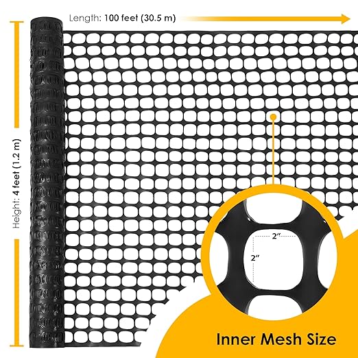 Houseables Fencing, Temporary Fence, Snow Fence, 4x100' Feet, 10.55 lb/roll, Black Plastic Fencing, Deer Netting, Plastic Mesh Roll, Safety Netting, Construction, Yard, Garden, Chicken, Dogs, Backyard
