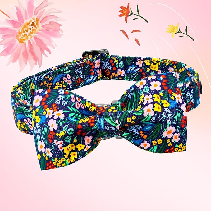 Lionheart glory Dog Collar Darkblue Flower Dog Bow Collars Floral Dog Collar with Bow Male or Female Spring Fall Pet Gift Durable Adjustable Dog Collar for Medium Dogs