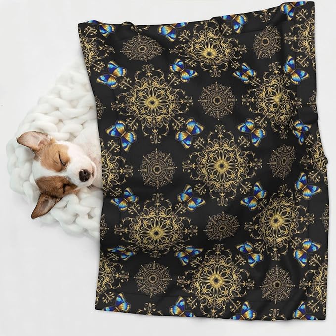 Two Sided Plush Pet Blanket for Crates Carriers Home Use, Colorful Mandala Art Flower Tie Dye, Reversible Throw with Cozy Dot Fabric and Silky Reverse for Small Large Pets