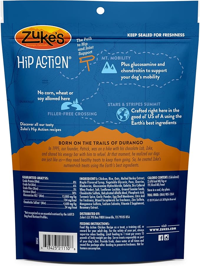 Zuke’s Hip Action, Hip And Joint Support Treats, Soft And Chewy Natural Dog Chicken Treats, Chicken Recipe - 6.0 OZ Bag