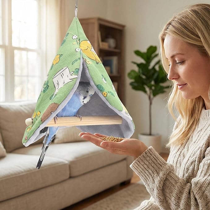 FLAdorepet Bird Bed Blanket Parrot Nest Snuggle Hut for Cage Accessories,Parakeet Warm House Hanging Tent Bed Hammock Wood Stand Perch Swing Toy for Cockatiel Lovebird Cockatoo (Green, One Size)