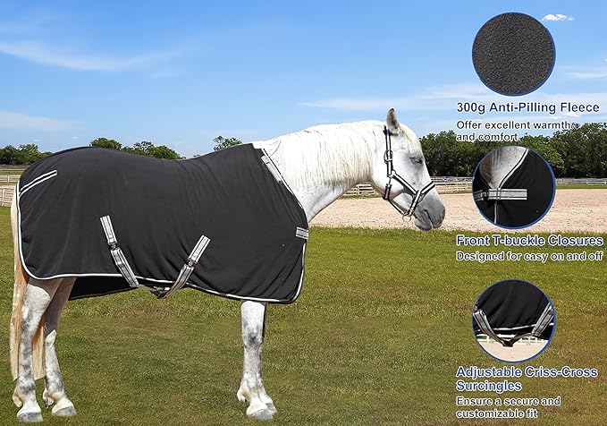 Horse Fleece Cooler, Blanket Liner - 300g Anti-Pilling Fleece, Moisture-Wicking, Cooling & Drying for Post-Workout, Bath & Travel, Prevent Overheating & Chilling Black 72