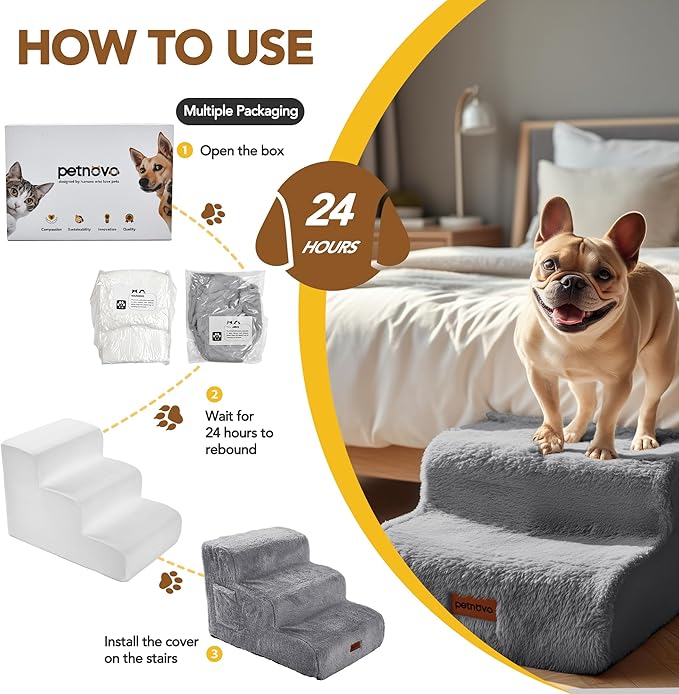 PETNOVO Ultra-Soft Rabbit Fur-Like Dog Stairs for Couch/Bed, Luxury Comfort 2-Step for Small & Senior Dogs, Non-Slip, Removable Washable Cover, Oeko-TEX Certified, 15.7" D x 15.7" Wx 11.8" H, Gray