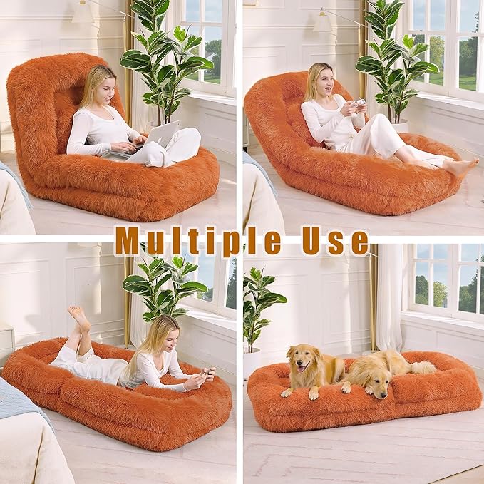 Human Dog Bed for Adult and Kids, Comfy Foldable Lazy Floor Sofa Bed with 5 Adjustable Position, Orange Upholstered Floor Bean Bag Lounger Chair for Bedroom, Living Room,Office (Orange)