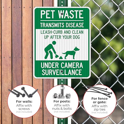 Pet Waste Leash-Curb and Clean Up After Your Dog Under Camera Surveillance Sign, 24x30 Inches, 3M EGP Reflective .080 Aluminum, Fade Resistant, Made in USA