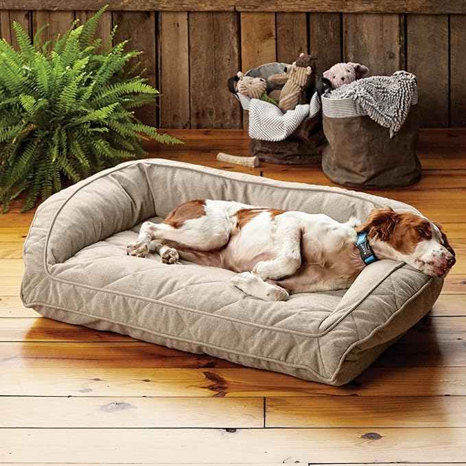 Orvis ComfortFill-Eco Bolster Dog Bed - Plush Rectangular Dog Beds with Three-Sided Bolster for Leaning, Heathered Khaki - XL