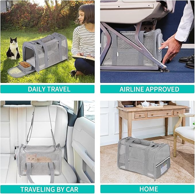 Soft-Sided Cat Carrier for Pets Up to 15lbs, Airline Approved Under-Seat Travel Carrier with Collapsible Bowl, Breathable Mesh & Removable Pad, Grey