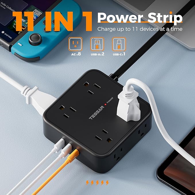 Surge Protector Power Strip, TESSAN 5 FT Black Flat Extension Cord with 8 AC Outlets 3 USB Ports (1 USB C), 900J Protection, 1875W, 3 Sided Wall Plug Extender, Desk Charging Station for Office, Dorm