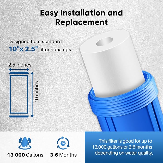 PUREPLUS 5 Micron 10" x 2.5" Whole House Sediment Home Water Filter Cartridge