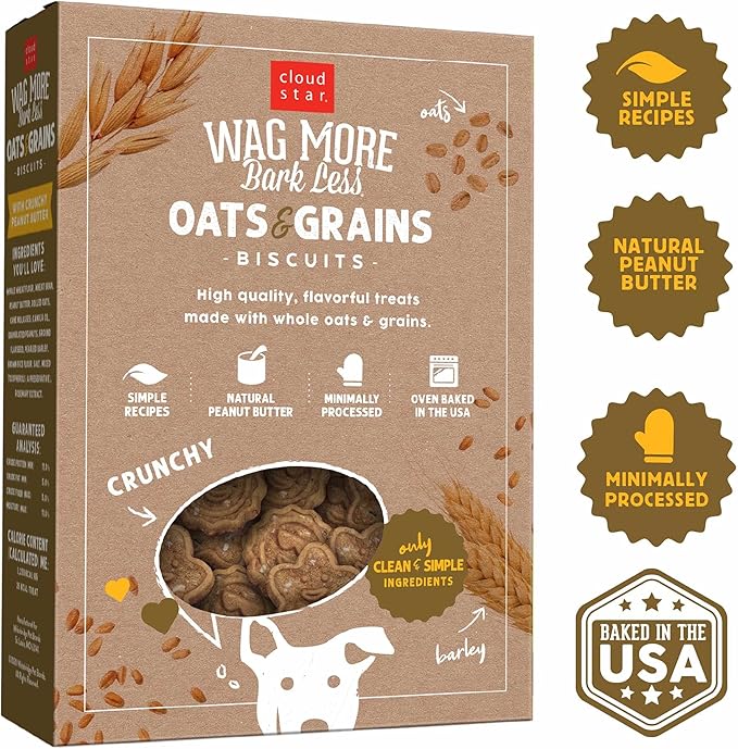 Cloud Star Wag More Bark Less Oats & Grains Crunchy Dog Treats, Peanut Butter, 16 oz. Box (Pack of 2)