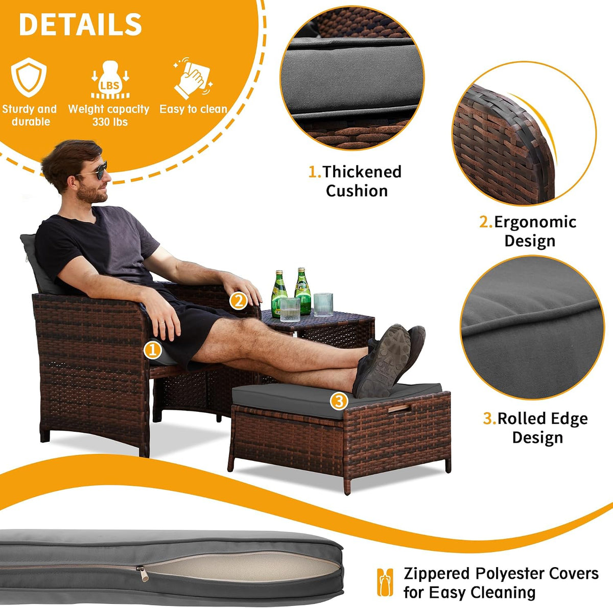 UDPATIO Balcony Furniture, Space-Saving Patio Chairs with Ottoman