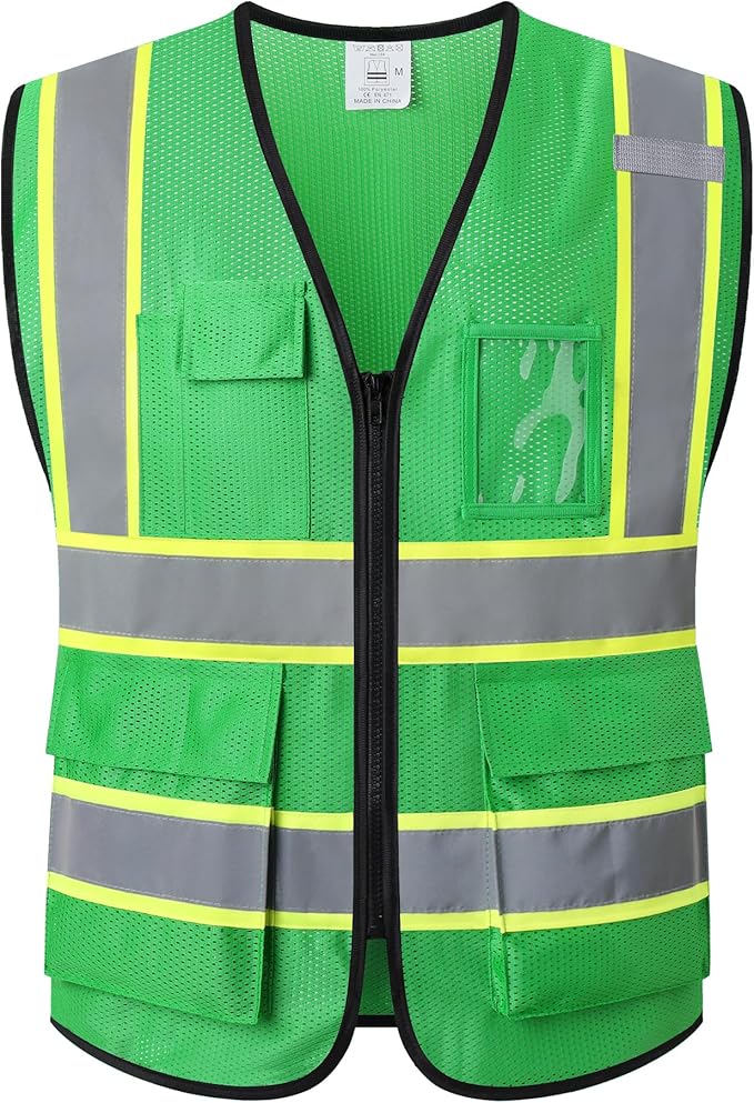 Reflective Mesh Safety Vest for Men Women with 5 Pockets and Zipper Front High Visibility Mesh Vest Hi Vis Construction Work Vest,Meets ANSI/ISEA Standards(EK175-Green-L)
