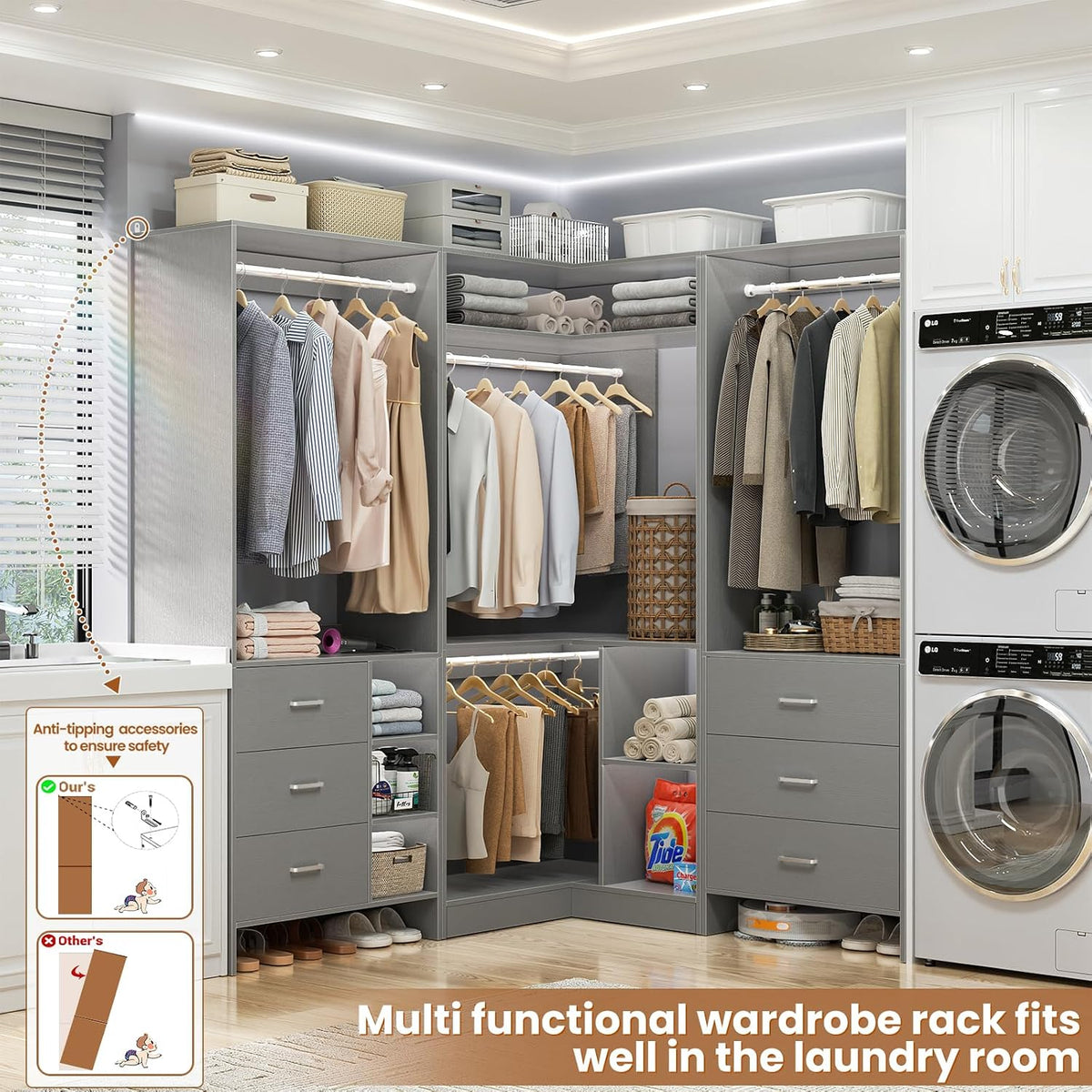 Aheaplus Closet System with 6 Drawers, 4 Hanging Rods & Corner Tower, Corner Closet System with Hanging, 84.6" L-Shaped Walk-In Wardrobe Organizer, 2000+ lbs Capacity, Set of 3, Grey