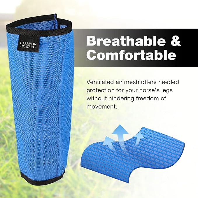 Harrison Howard Loose Fitting Fly Boots UV-Protective Extra Tough Mesh Ventilated Four Fasteners Stay-on Design Protect Horse Legs & Stomp-Reducing Set of 4 Sky Blue Mini