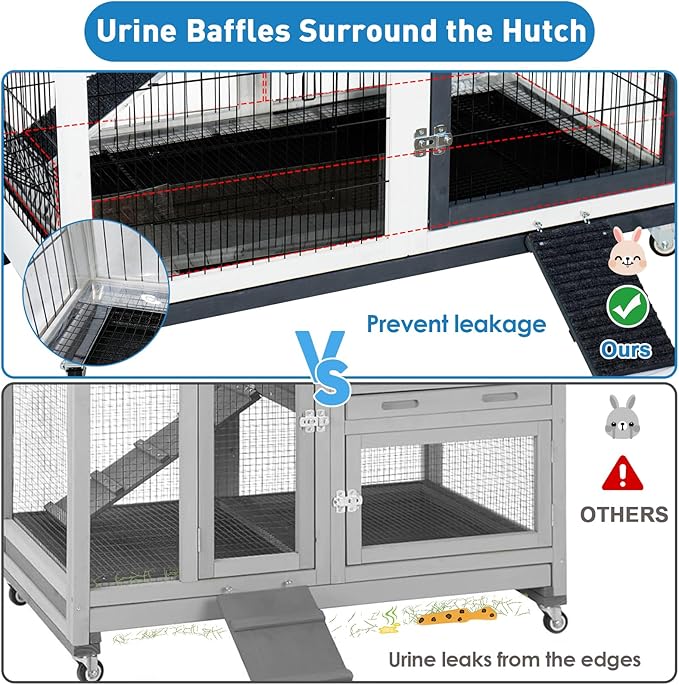 Rabbit Hutch Indoor Bunny Cage Outdoor with Urine Guards 2 Storey Mobile Guinea Pig Cage Weatherproof Asphalt Roof Wire Bottom 2 Trays