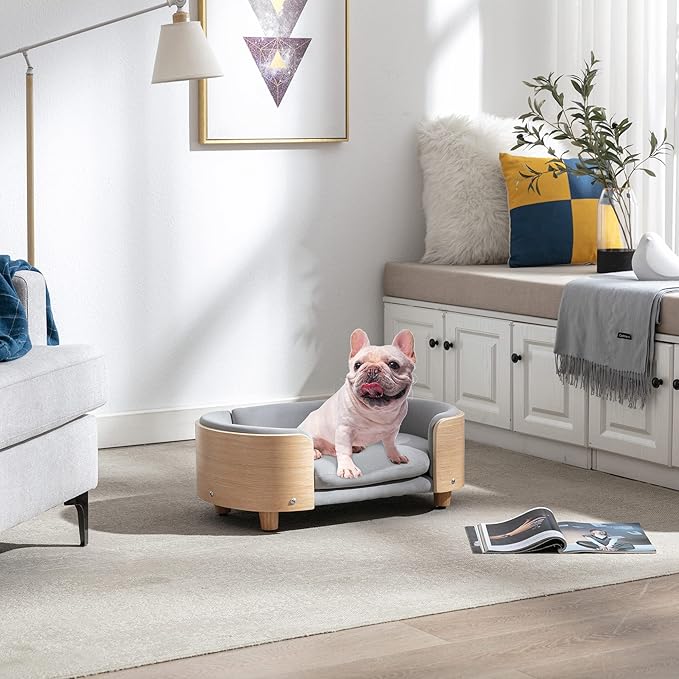 Luxury Dog Bed Pet Sofa - Solid Wood Legs & Bent Wood Back, Removable Washable Velvet Cushion, Modern Pet Furniture for Small/Medium Dogs/Cats (Light Grey)