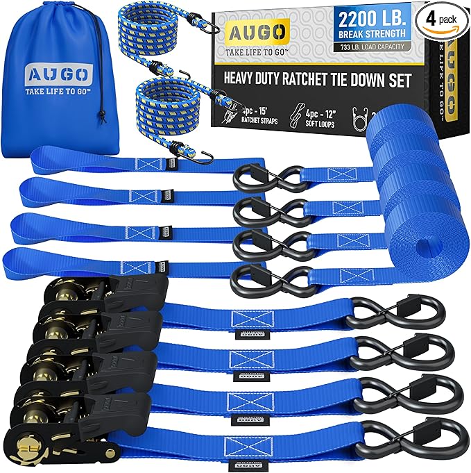 AUGO Ratchet Straps Heavy Duty 4 Pack -15 FT - 2200 LB Break Strength – with Safety Lock S Hooks - Cargo Straps for Moving, Appliances, Motorcycle – Soft Loop Tie Down Straps