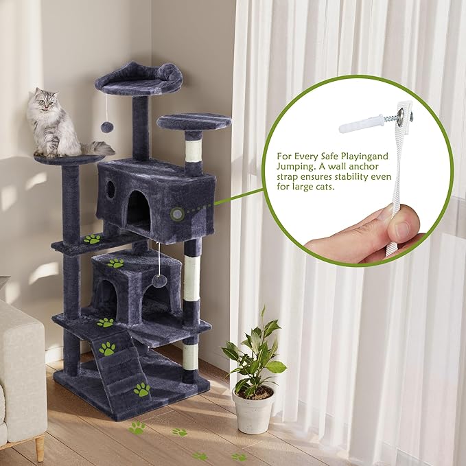 54 Inches Cat Tree Tower, Cat Tree Tower Condo with Scratching Post for Cats House Play, Multi-Level Furniture Activity Center for Pet, Detachable Cat Tower, Dark Gray