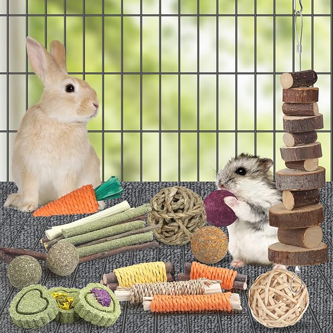 Rabbit Toys Bunny Toys 26Pcs Natural Timothy Hay Sticks Apple Wood Sticks Handmade for Guinea Pig Hamster Rat Chinchilla
