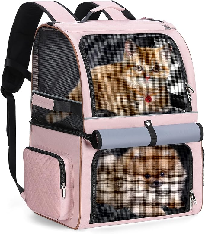 Lekebobor Double Cat Backpack Carrier for 2 Cats, Double-Compartment Pet Carrier Backpack for Two Small Cat or One Medium Cat, Cats Carrier Backpack Dog Carrier Backpack Fits Up to 24 Lbs,Pink