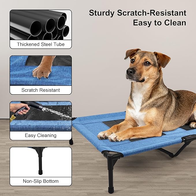 Raised Dog Bed Cooling Cot for Indoor Outdoor Use Portable Waterproof Mesh Pet Bed Washable for Large Medium Small Dogs, Blue
