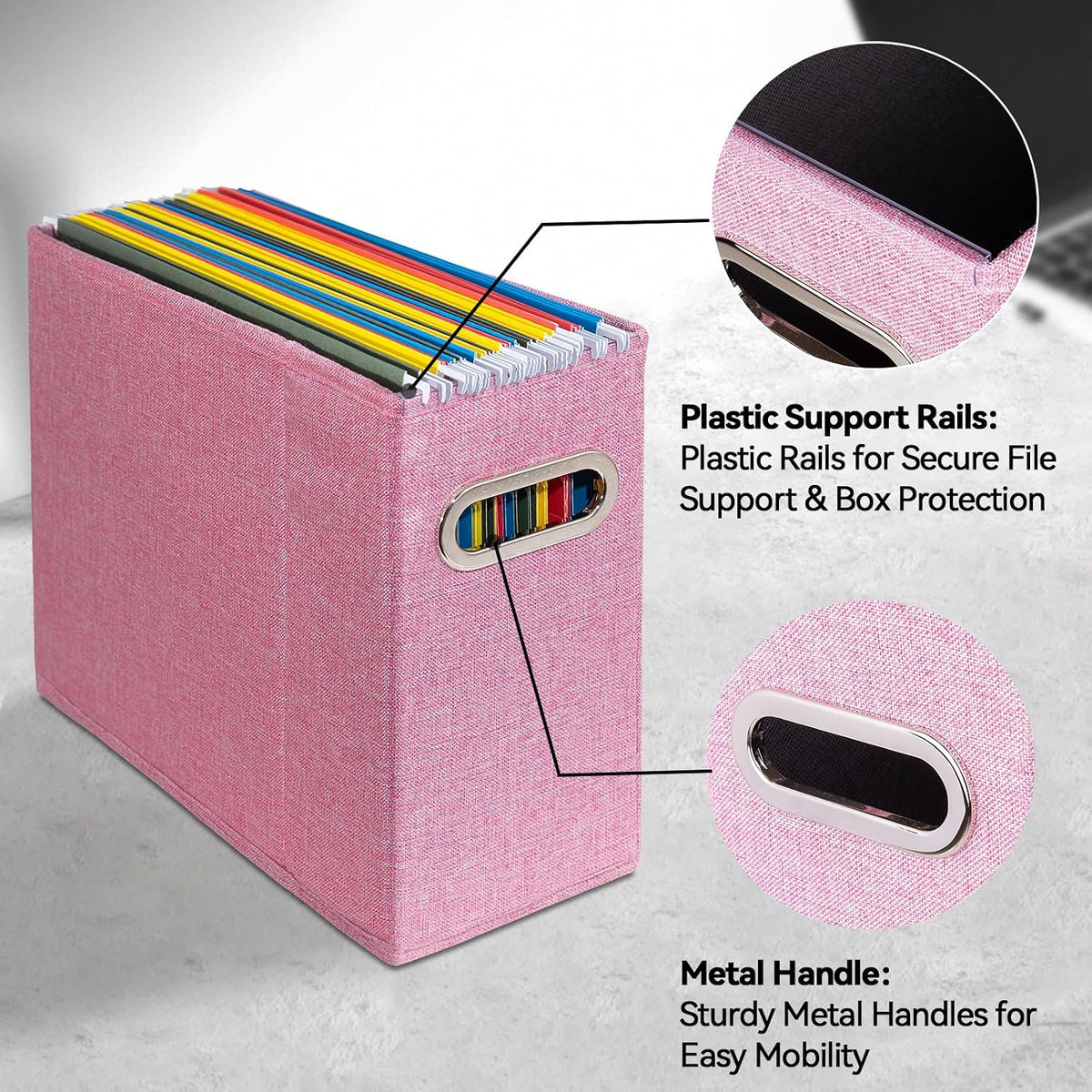 4 Packs Letter Size File Organizer, File Folders Organizer, Fabric Storage Box, Collapsible Paper Organizer with Metal Handle, Smooth PVC Rails, Only Box (Pink)