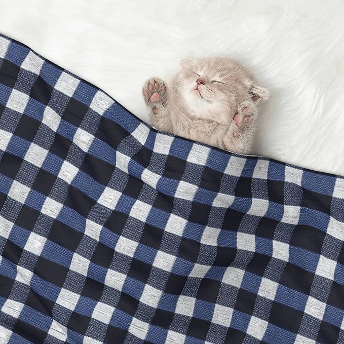 Waterproof Dog Blanket Soft Pet Blanket for Puppy Cat, Fleece Cat Throw Blankets for Furniture Bed Couch Sofa Reversible - Navy Blue Gingham 3