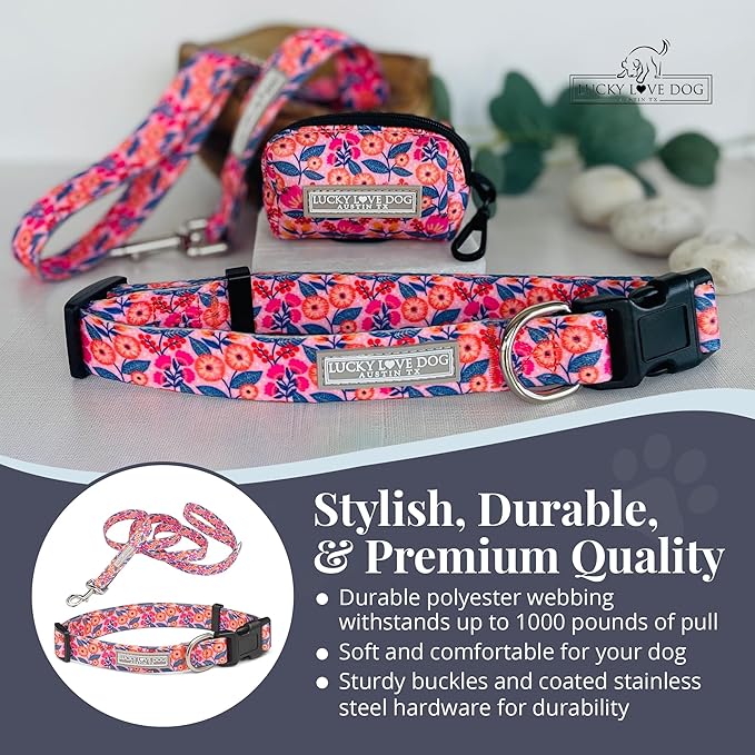 Lucky Love Dog - Easy Click Buckle Dog Collar with Leash Set Combo, Durable & Comfortable for Male & Female Dogs, Pet Collar for Large Dogs, Secure Fit - Floral Rosie Combo, Large