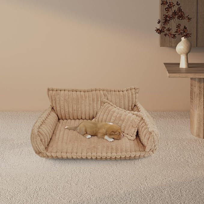 Pet Couch Calming Bed, Pet Couch with Removable Washable Cover, Plush Pets Sofa for Indoor Use, Supportive Orthopedic Dog Bed (Camel Color)