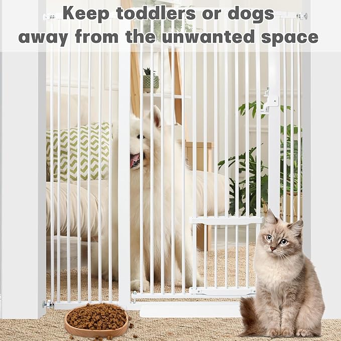 55 Inch Extra Tall Pet Gate with Small Cat Door,29.55"-46.06" Adjustable Wide Dog Gate, Tall Cats Gates for Doorway, Stairs, House(White)