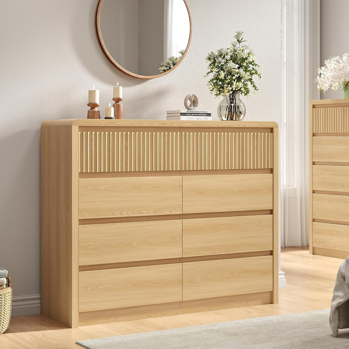 Fluted 8 Drawer Dresser for Bedroom, 50” Wide Modern Dresser & Chest of Drawers with Curved Profile Design, Wood Mid Century Dressers for Bedroom, Living Room, Oak