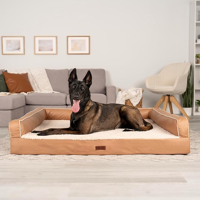 Furhaven Cooling Dog Sofa Bed – Memory Foam Couch with Bolsters, Textured Plush & Water-Resistant Cover, Washable Cover - Camel, Jumbo Plus