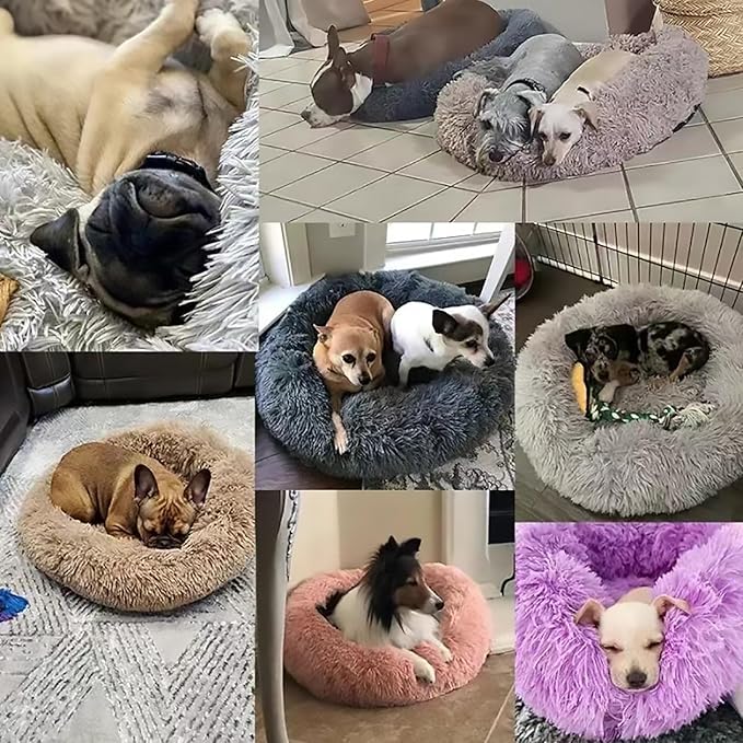 Calming Dog Bed for Small Dogs, Calming Donut Cuddler Pet Bed Anti Anxiety Round Dog Bed Fluffy Plush Faux Fur Cat Bed,Blue+White,31.5IN
