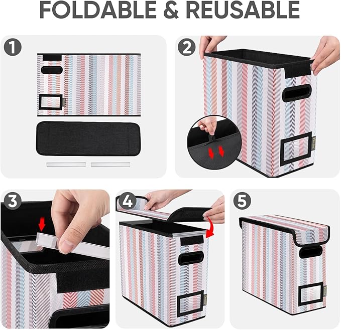 BALEINE File Organizer Box with Lid, Collapsible File Folder Organizer with Plastic Slide, Hanging File Folder Box for Office Document Storage (1 Pack, Color Stripe, S)
