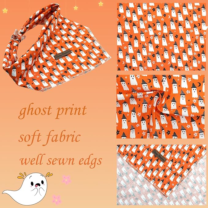 Dog Bandana, 1PC Orange Ghost Print Dog Bandanas Halloween Bandanas Fall Bandanas Comfortable Bandanas Bibs Scarf Square Soft Dog Kerchief Pet Bandanas for Small Medium Large Dogs
