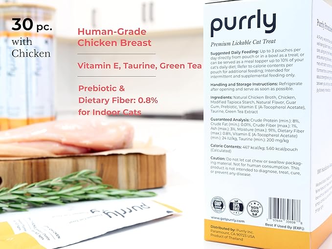 Purrly Low Calorie Premium Lickable Cat Treat Topper Healthy Chicken Variety Bundle (90 Count) Human-Grade Protein Sources with Functional Nutrients Wet Squeeze Creamy Purée Grain-Free Non-GMO