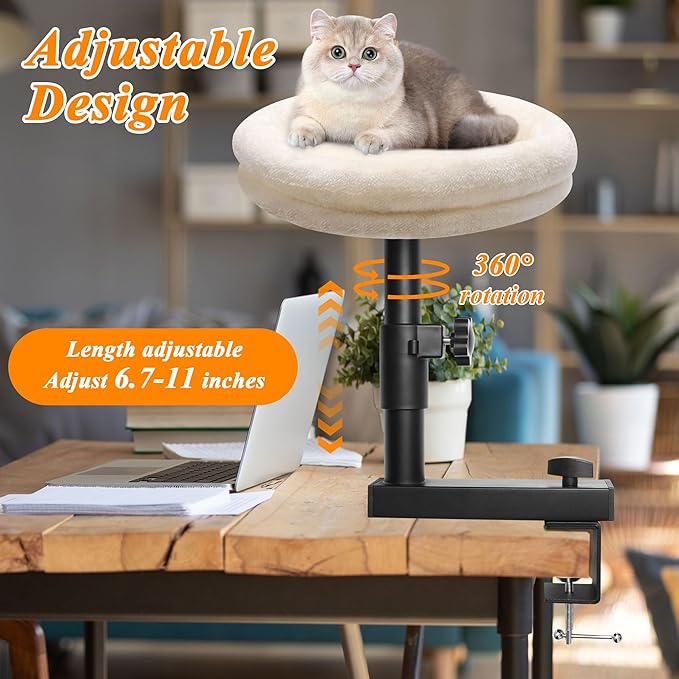 Cat Desk Bed 360° Rotating Cat Bed Desk, Solid Wood Perch, Removable Cushion, Adjustable Clamp for Office & Living Room