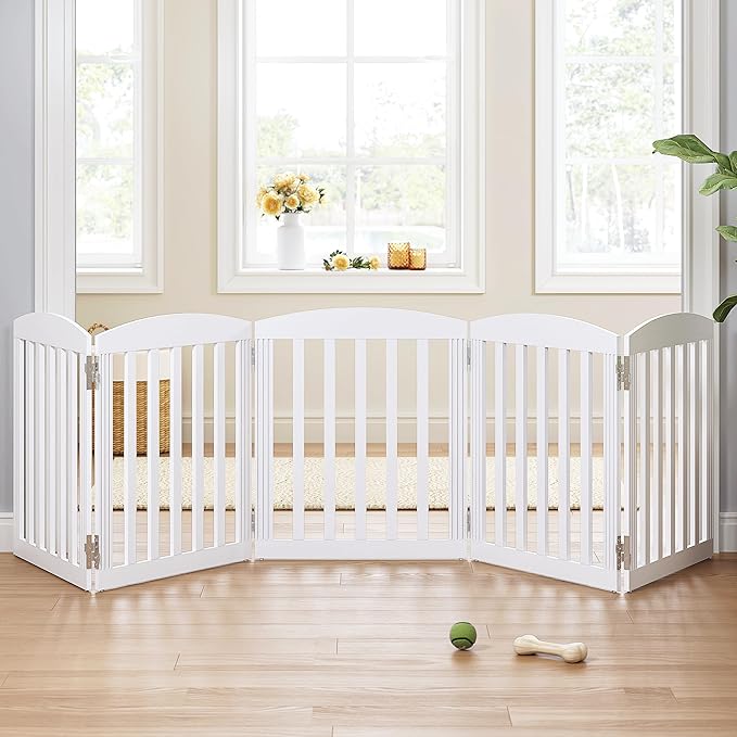 SPIRICH 120" Extra Wide 28" Tall Dog Gate Indoor, Dog Gates for Doorways, Stairs, The House, Wooden Freestanding Foldable Pet Gate, Step Over Puppy Gate, 5 Panels, White