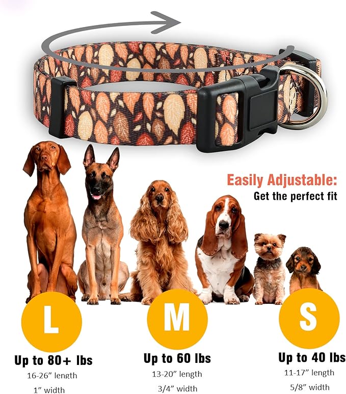 Native Pup Thanksgiving Dog Collar- Fall Collars for Dogs- Autumn Leaf, Turkey, Pumpkin Pie, Holiday Leaves- Girl Boy Puppy- Adjustable for Small, Medium, Large Breeds (Fall Leaves, Small)
