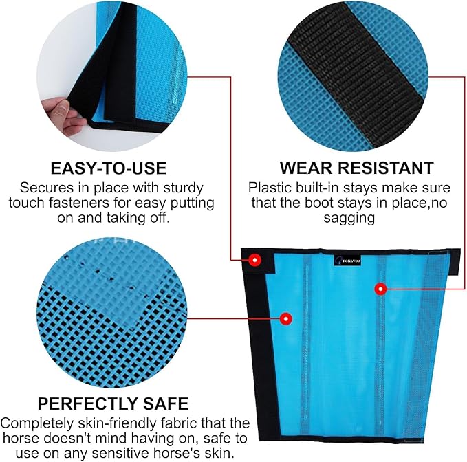 FOXLVDA Horse Fly Boots - Fly Boots for Horses Set of 4, Comfortable Horse Leggings, Mesh Material Design with Metal Support Bars for Reduces Stomping & Leg Fatigue (Blue, Medium)