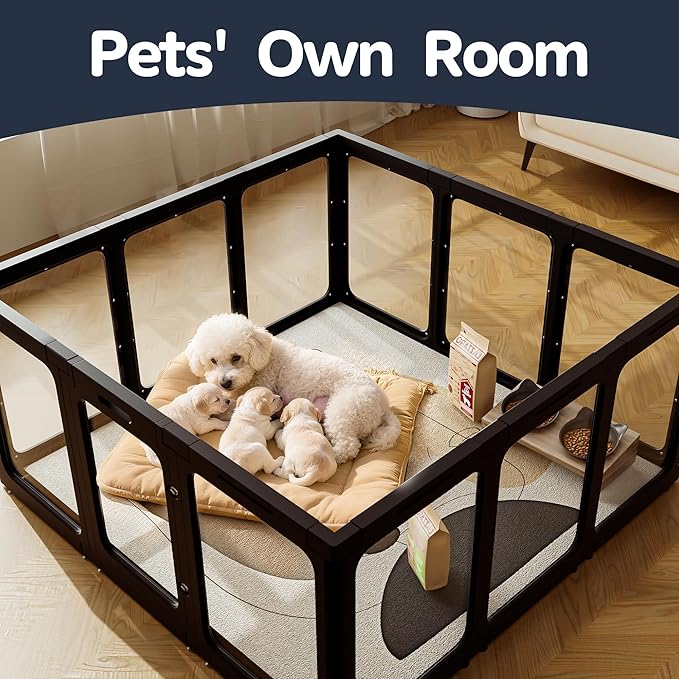 Acrylic Dog Playpen Indoor, 10 PCS Plastic Puppy Playpen with Door, Clear PlayPen for Dog Cat Rabbit Ferret, Preferable Small Dog Cage, Easy Assemble Pet Pen, 50" L x 33.5" W x 24" H, Black